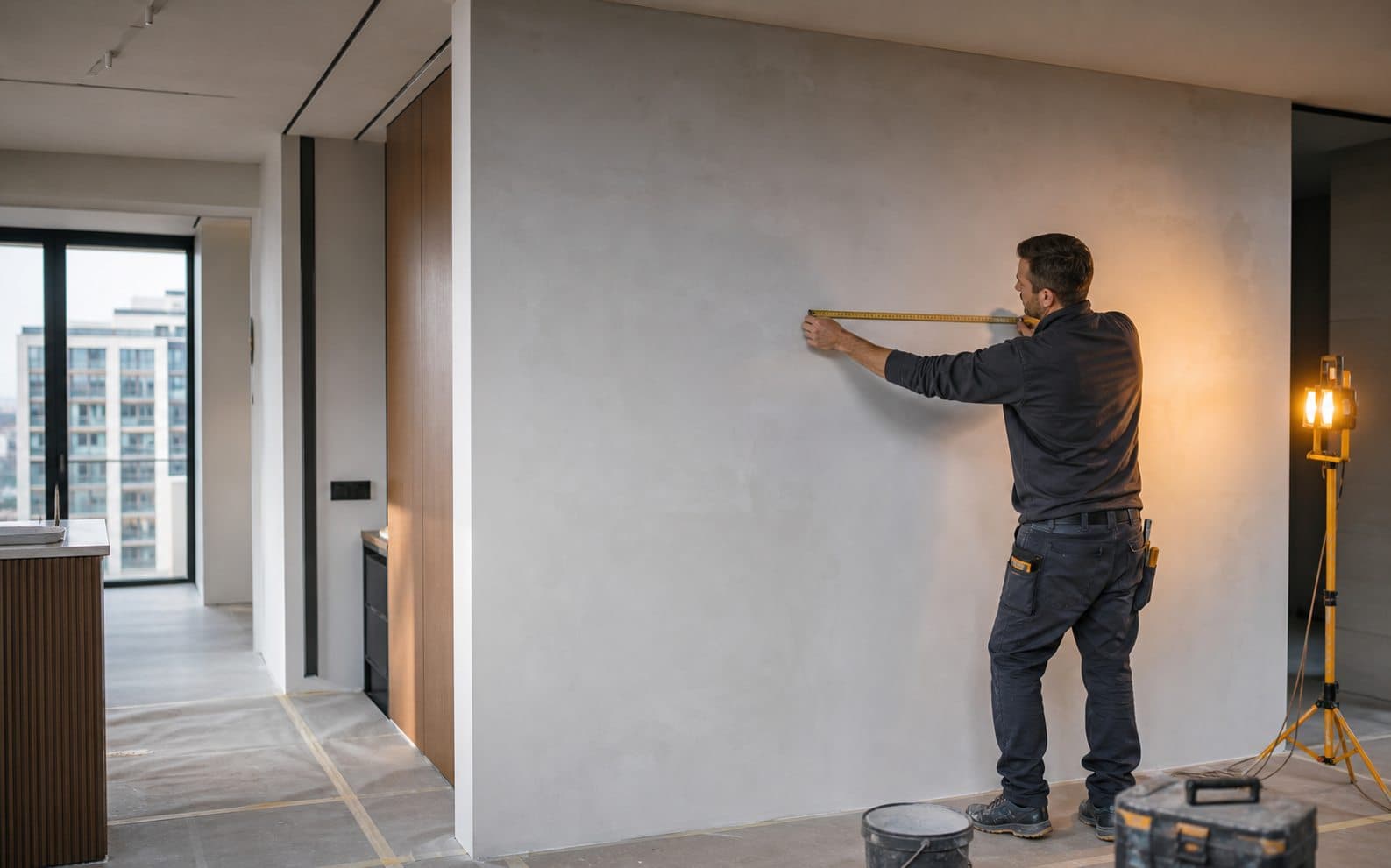 Pracownik mierzy ścianę w remontowanym mieszkaniu z grafitowymi detalami